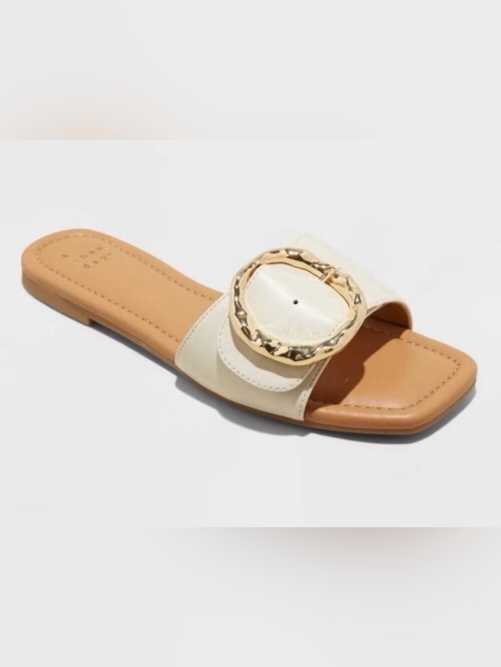 A New Day Bennie Buckle Slide Sandals Cream Upper Big Hammered Gold Buckle 9